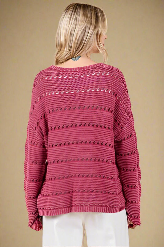 Mittoshop - Openwork Relaxed Fit Sweater in Raspberry