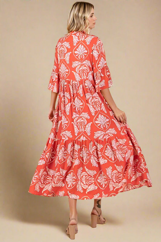 Mittoshop - Orange - Red Abstract Leaf Print Tiered Midi Dress