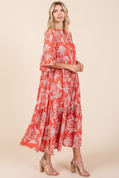 Mittoshop - Orange - Red Abstract Leaf Print Tiered Midi Dress