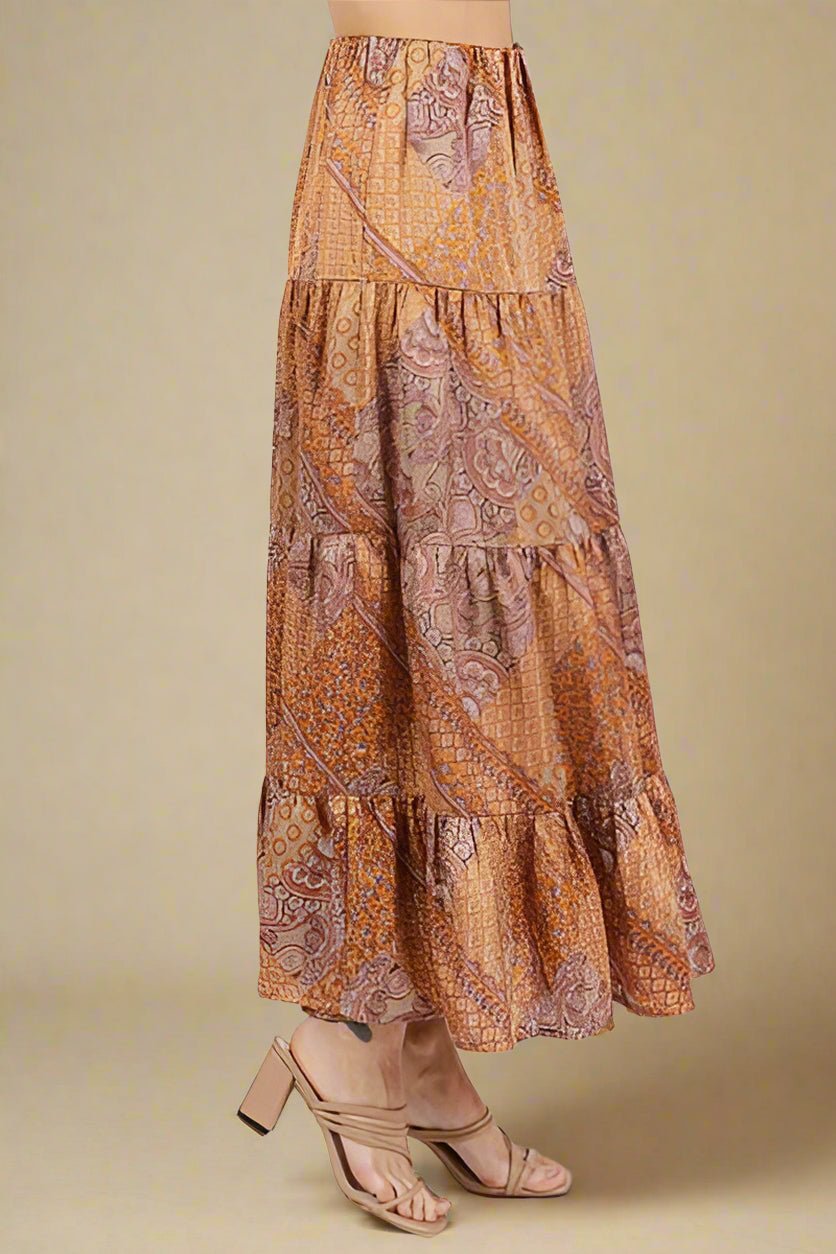 Mittoshop - Paisley Patchwork Satin Maxi Skirt in Hazelnut