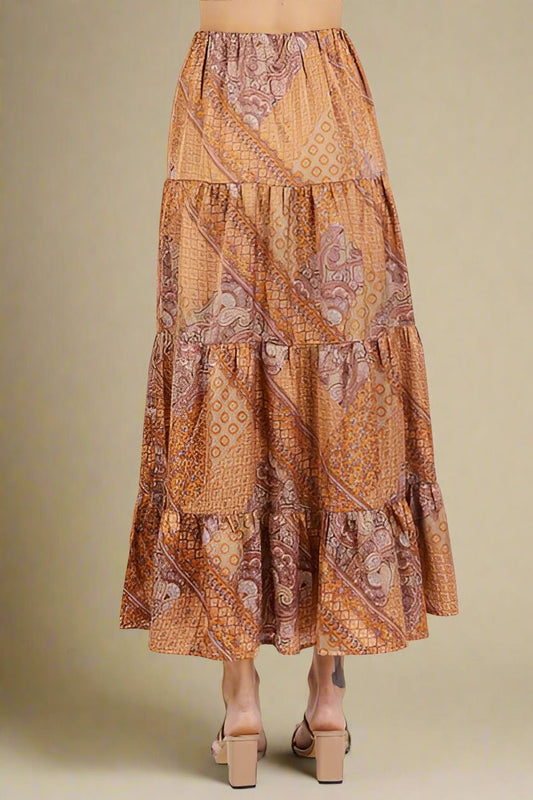 Mittoshop - Paisley Patchwork Satin Maxi Skirt in Hazelnut