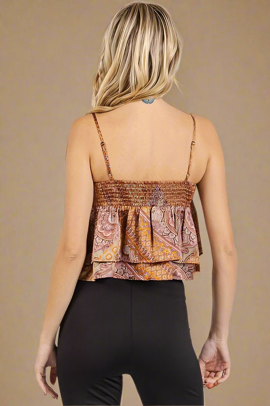 Mittoshop - Paisley Satin Ruffle Crop Cami in Hazelnut