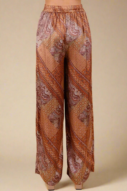 Mittoshop - Paisley Wide Leg Satin Pants in Hazelnut