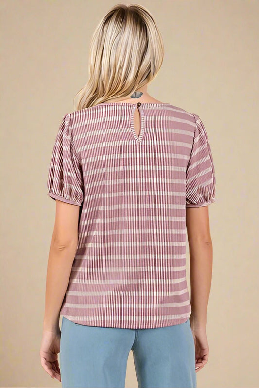 Mittoshop - Pink Striped Puff Sleeve Knit Top
