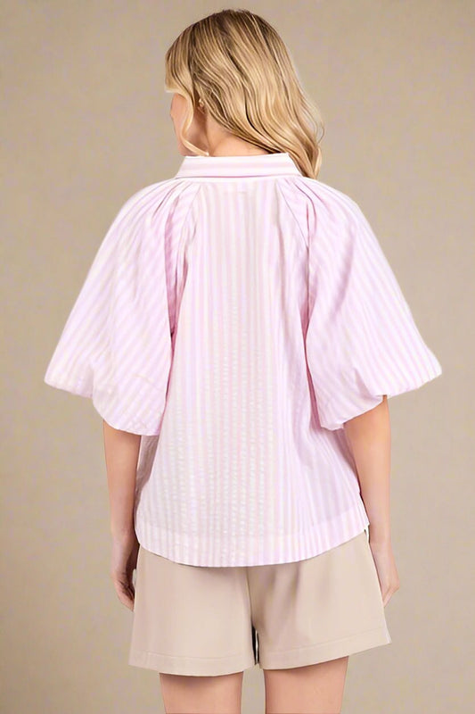 Mittoshop - Pink Striped Puff Sleeve Shirt