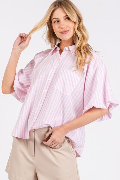 Mittoshop - Pink Striped Puff Sleeve Shirt
