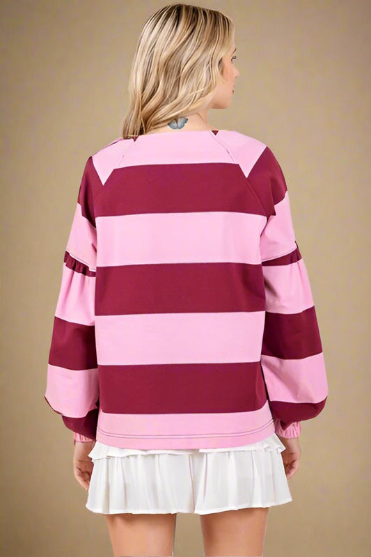 Mittoshop - Pink & Wine Striped Snap Shoulder T-Shirt