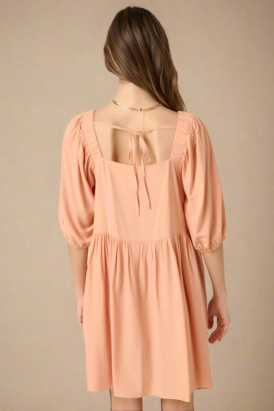Mittoshop - Pintuck Detail Tie Back Mini Dress in Apricot