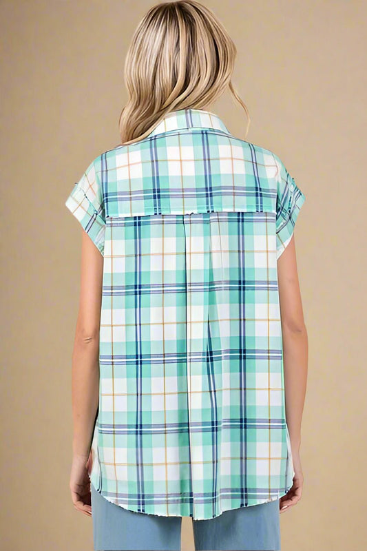Mittoshop - Plaid Button Down Shirt in Turquoise