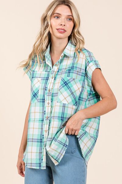 Mittoshop - Plaid Button Down Shirt in Turquoise