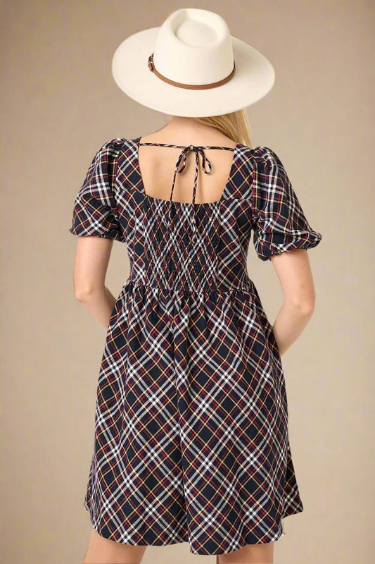 Mittoshop - Plaid Square Neck Babydoll Mini Dress in Navy Multi