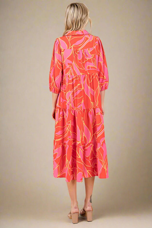 Mittoshop - Printed Tiered Midi Dress in Coral