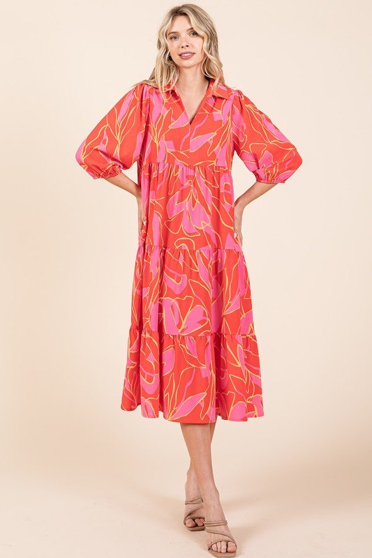 Mittoshop - Printed Tiered Midi Dress in Coral
