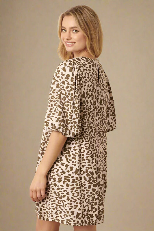 Mittoshop - Puff Sleeve Leopard Mini Dress in Mocha & Cream