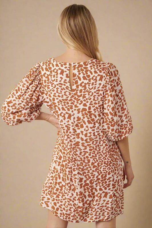 Mittoshop - Puff Sleeve Leopard Mini Dress in Rust & Cream