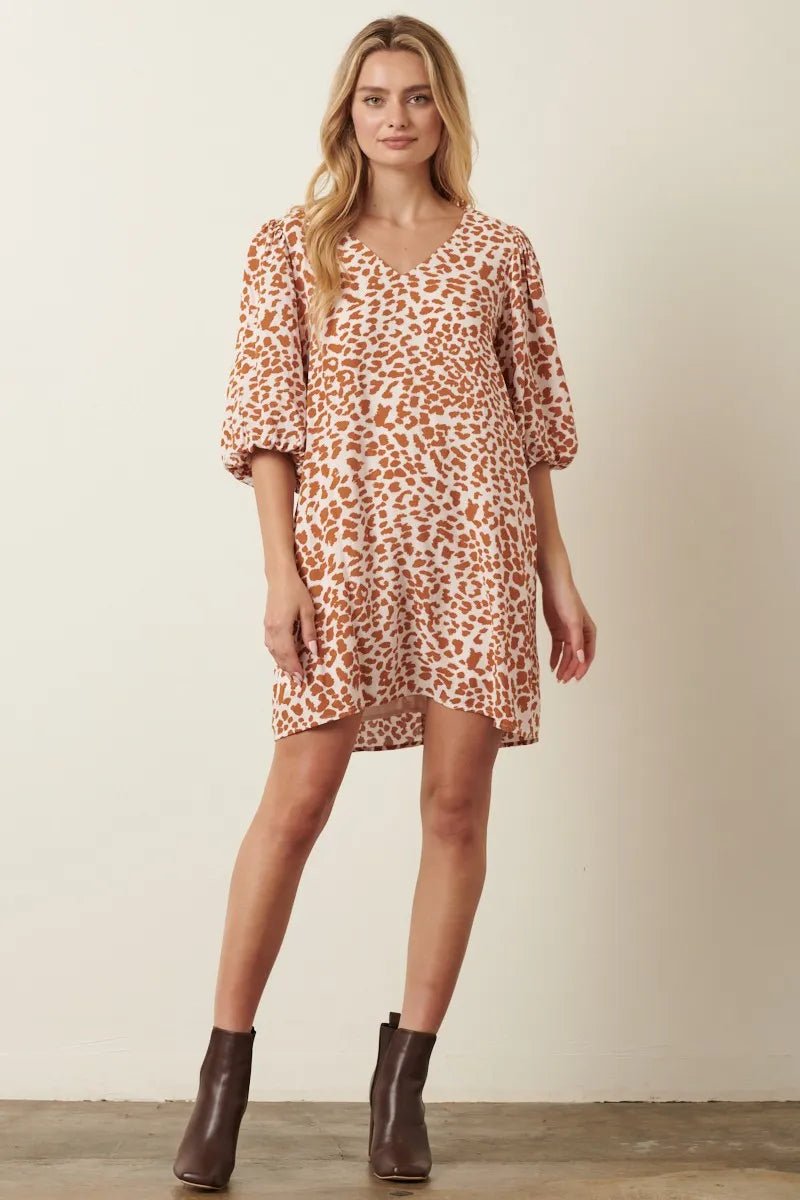 Mittoshop - Puff Sleeve Leopard Mini Dress in Rust & Cream