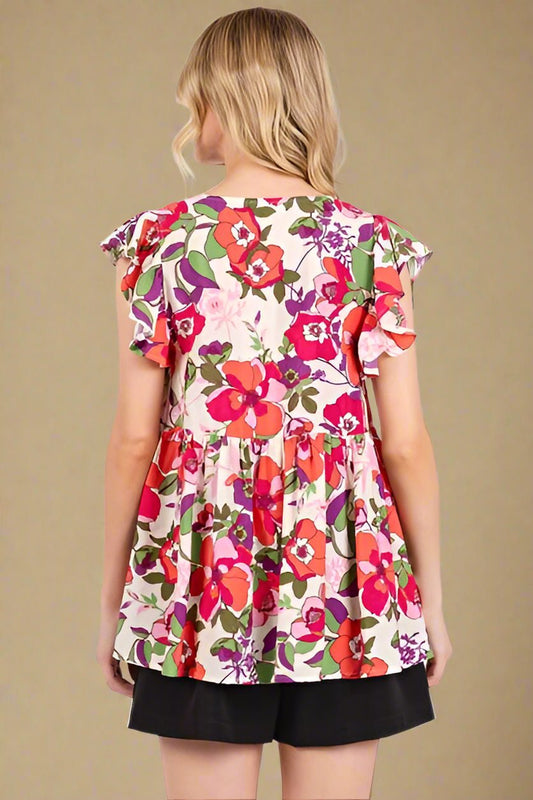 Mittoshop - Red Floral Ruffled Cap Sleeve Blouse