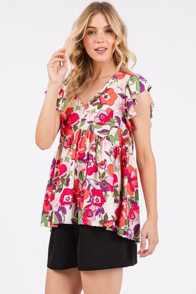 Mittoshop - Red Floral Ruffled Cap Sleeve Blouse