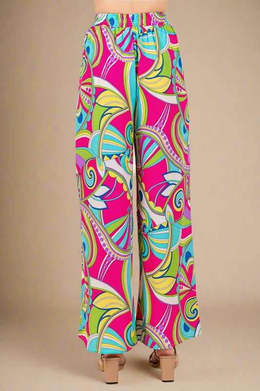 Mittoshop - Retro Swirl Wide Leg Pants in Hot Pink Multi