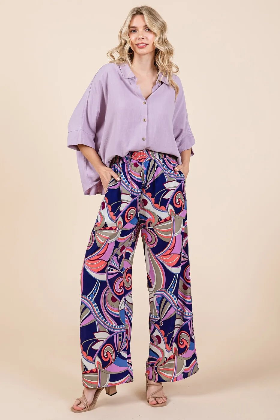 Mittoshop - Retro Swirl Wide Leg Pants in Navy Multi