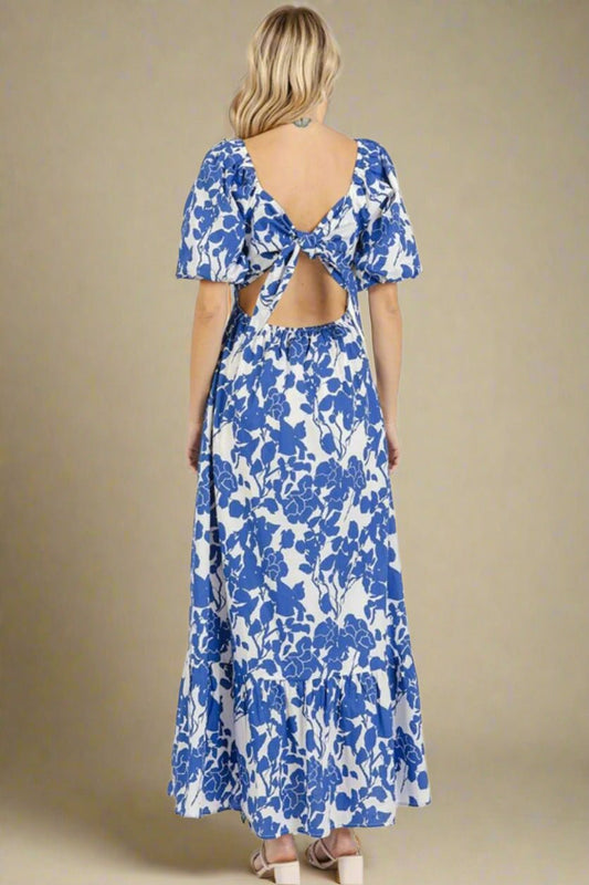 Mittoshop - Royal Blue Floral Puff Sleeve Cotton Maxi Dress