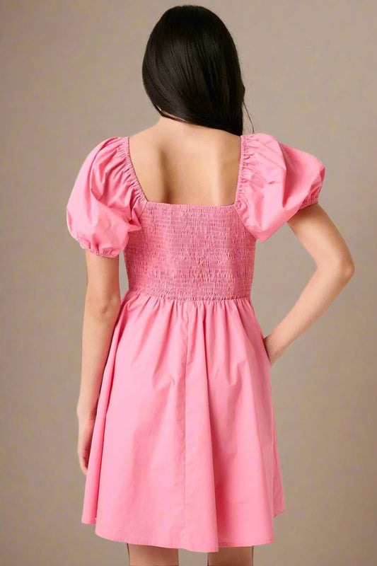 Mittoshop - Ruched Puff Sleeve Mini Dress in Bubblegum Pink