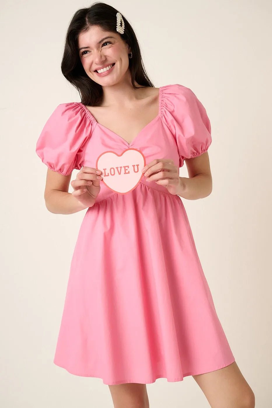 Mittoshop - Ruched Puff Sleeve Mini Dress in Bubblegum Pink