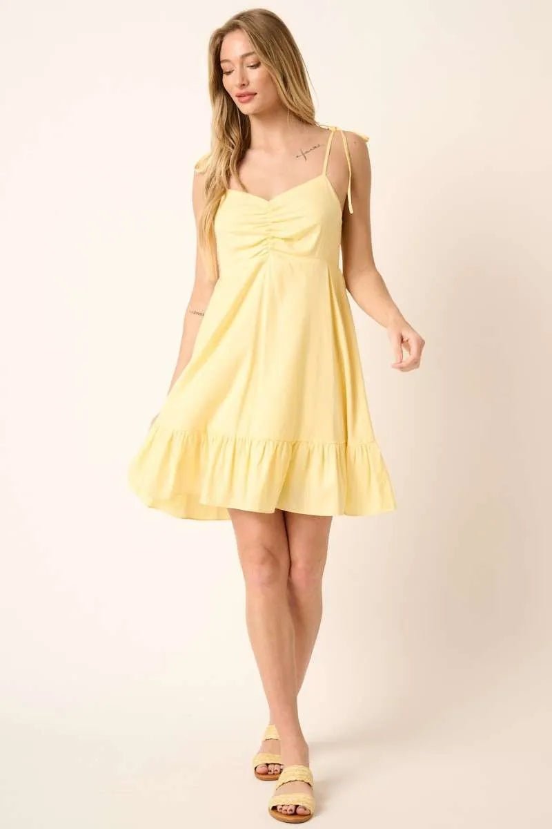 Mittoshop - Ruched Tie Strap Mini Dress in Butter Yellow