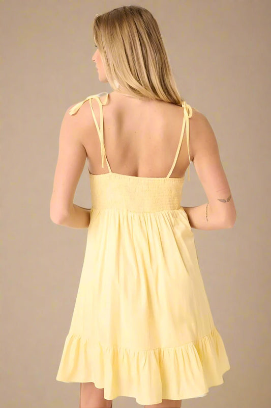 Mittoshop - Ruched Tie Strap Mini Dress in Butter Yellow