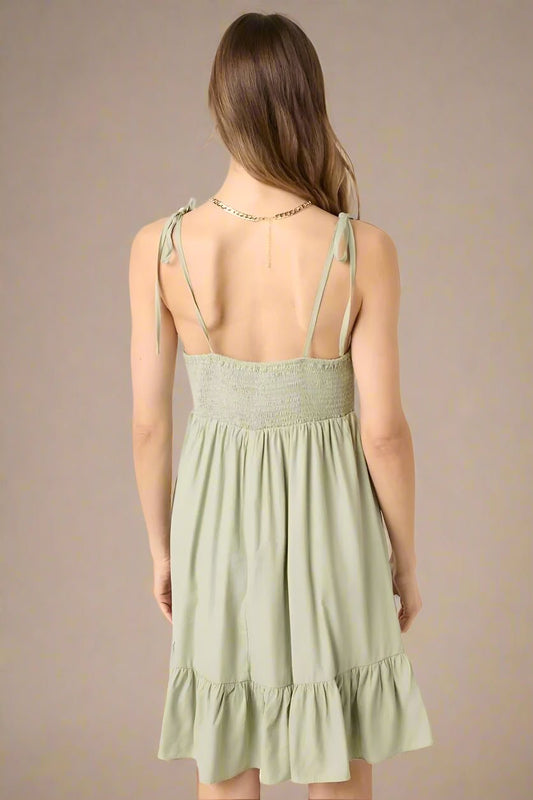 Mittoshop - Ruched Tie Strap Mini Dress in Soft Sage