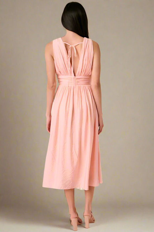 Mittoshop - Ruched V - Neck Sleeveless Midi Dress in Blush