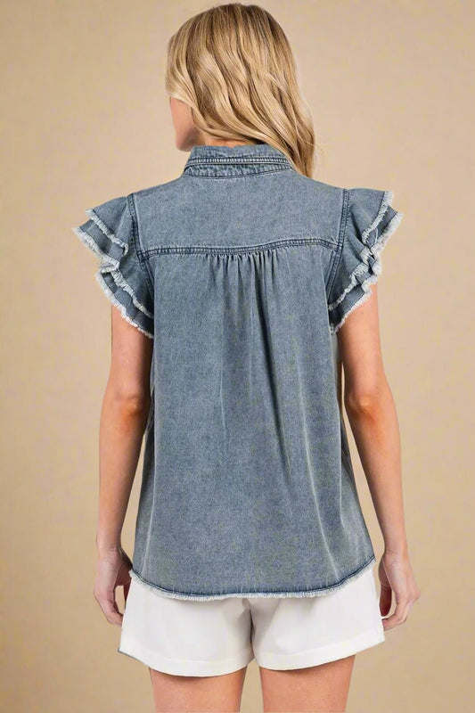Mittoshop - Ruffle Sleeve Denim Button Down in Faded Wash