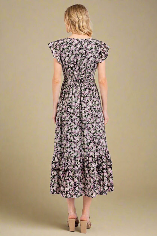 Mittoshop - Ruffle Sleeve Floral Midi Dress in Black & Lilac Rose