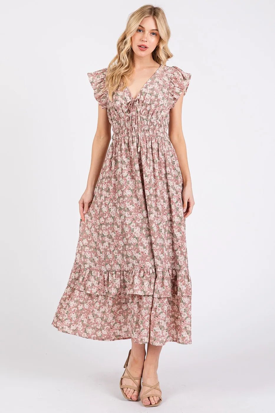 Mittoshop - Ruffle Sleeve Floral Midi Dress in Rose