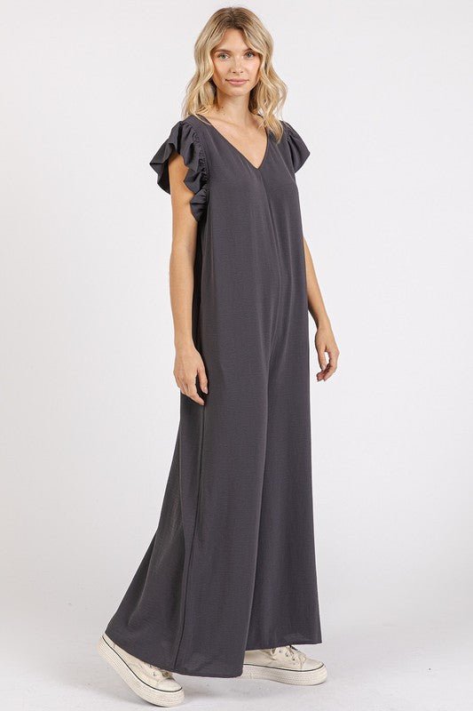 Mittoshop - Ruffle Sleeve Wide Leg Jumpsuit in Charcoal