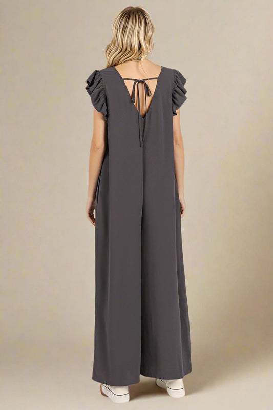 Mittoshop - Ruffle Sleeve Wide Leg Jumpsuit in Charcoal