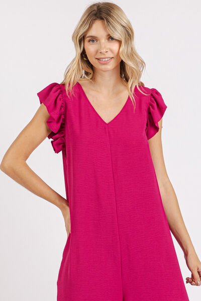 Mittoshop - Ruffle Sleeve Wide Leg Jumpsuit in Deep Rose