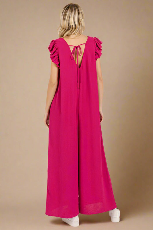 Mittoshop - Ruffle Sleeve Wide Leg Jumpsuit in Deep Rose
