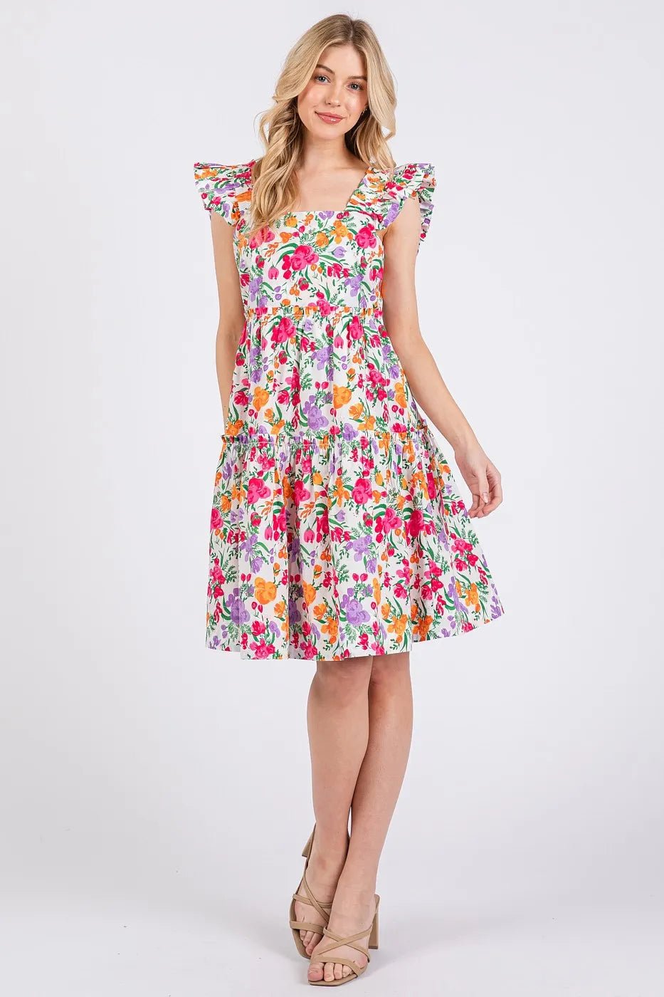 Mittoshop - Ruffle Strap Floral Mini Dress in Pink & Orange