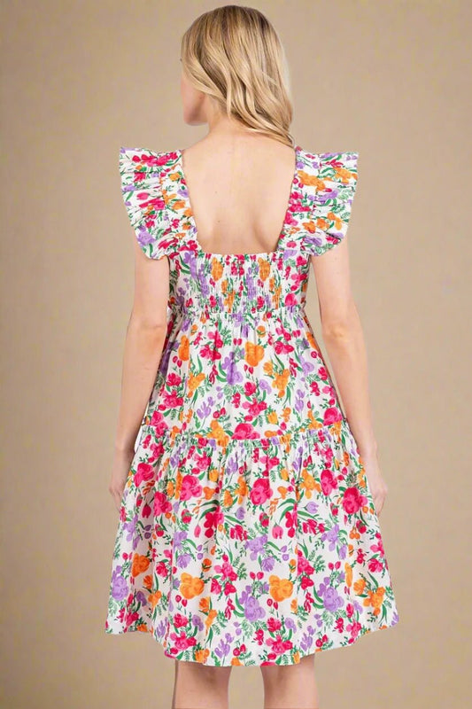 Mittoshop - Ruffle Strap Floral Mini Dress in Pink & Orange