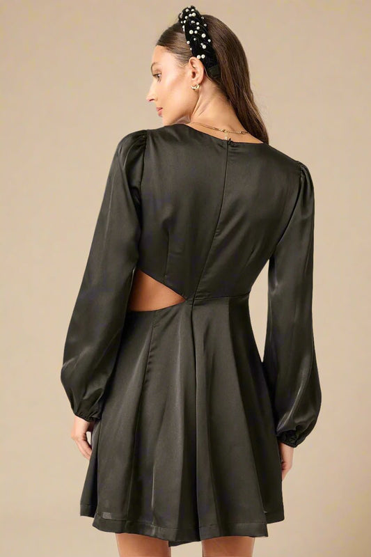 Mittoshop - Satin Long Sleeve Cutout Mini Dress in Onyx Black