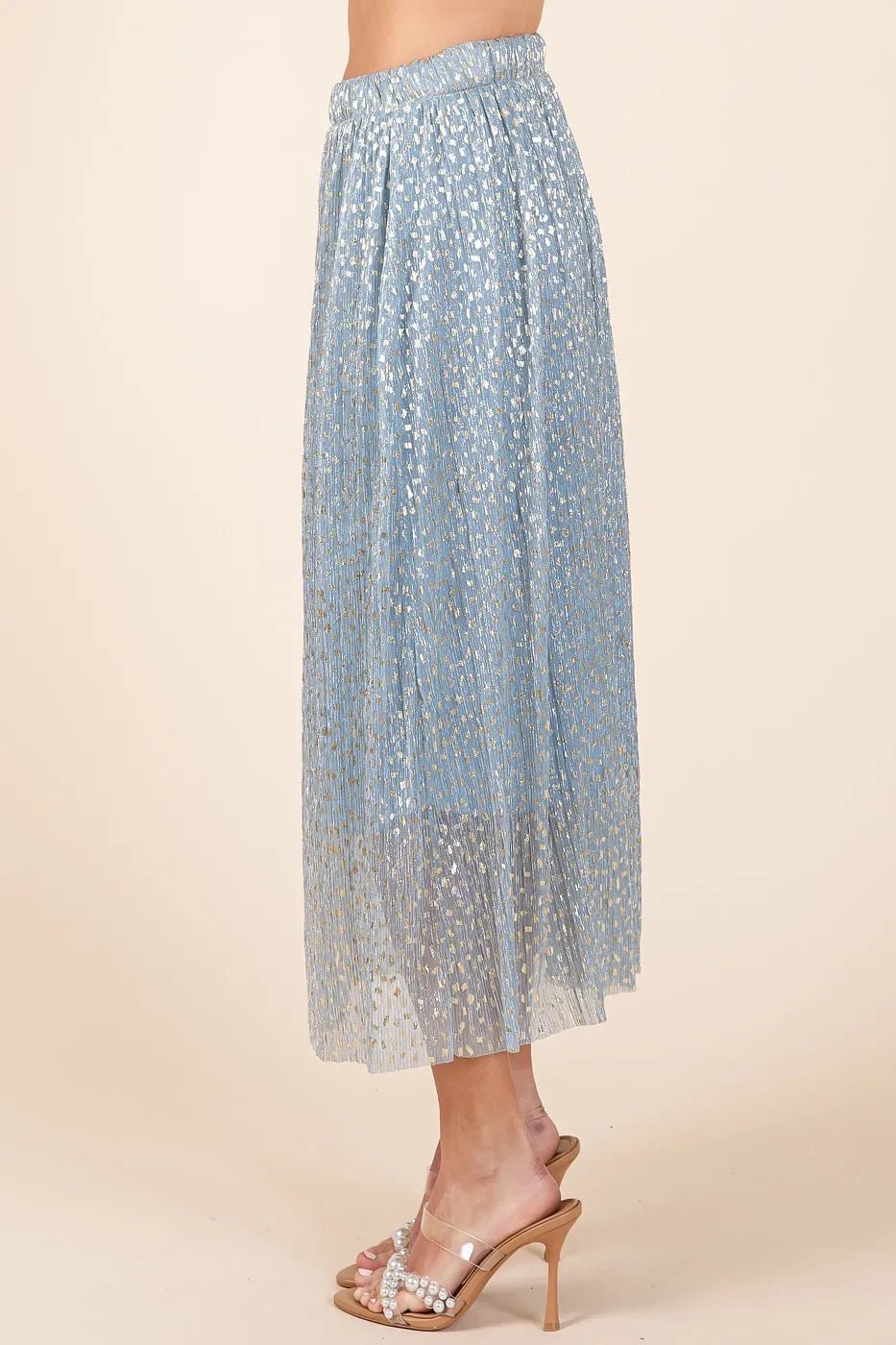 Mittoshop - Shimmer Pleated Midi Skirt – Dusty Blue & Gold Dot Mesh