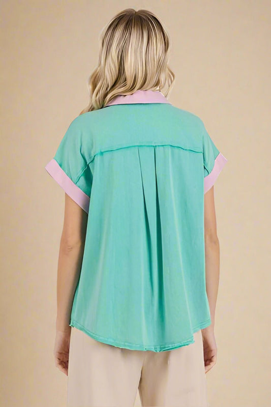 Mittoshop - Short Sleeve Color Block Shirt in Seafoam