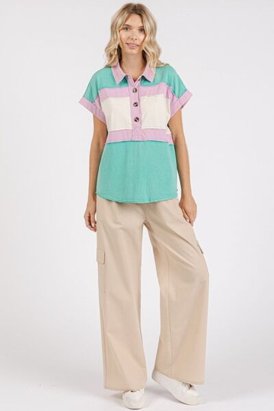 Mittoshop - Short Sleeve Color Block Shirt in Seafoam