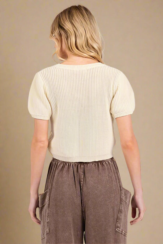 Mittoshop - Short Sleeve Crop Sweater in Cream