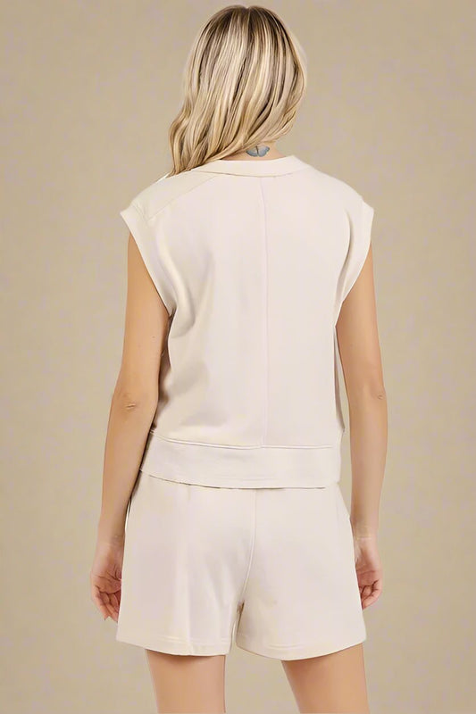Mittoshop - Sleeveless Sweatshirt & Drawstring Shorts Set in Soft Sand