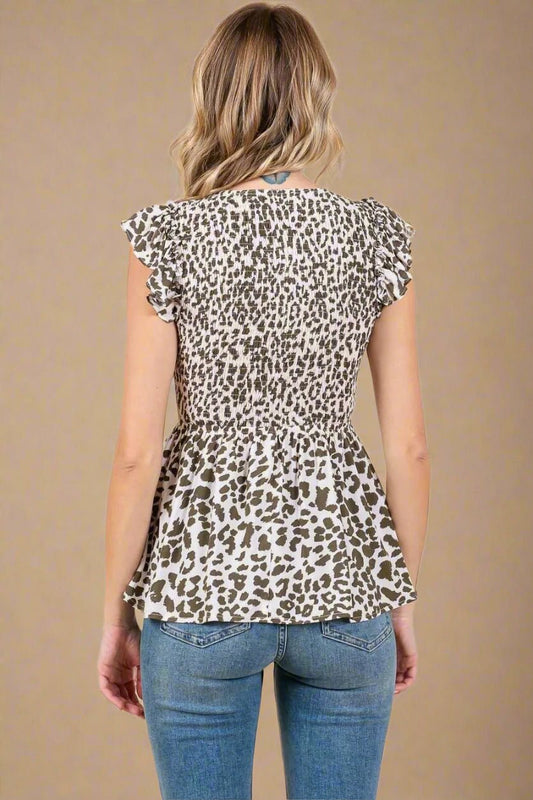 Mittoshop - Smocked Babydoll Flutter Top – Olive Leopard Print
