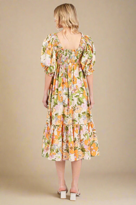 Mittoshop - Smocked Floral Puff Sleeve Midi Dress in Orange & Green