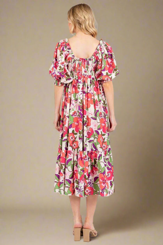 Mittoshop - Smocked Puff Sleeve Midi Dress in Pink & Red Floral