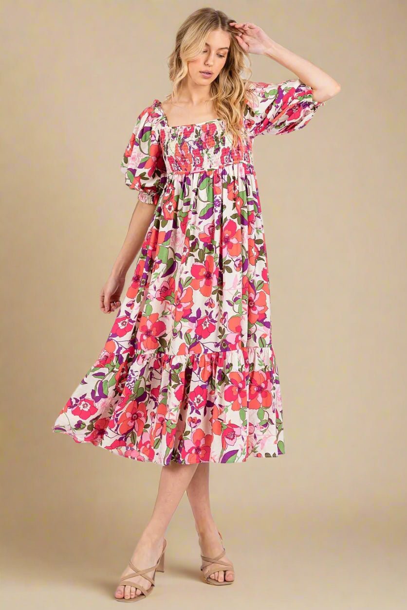 Mittoshop Flower Print Puff Sleeve Ruffle Smocked Midi Dress Fuchsia / M
